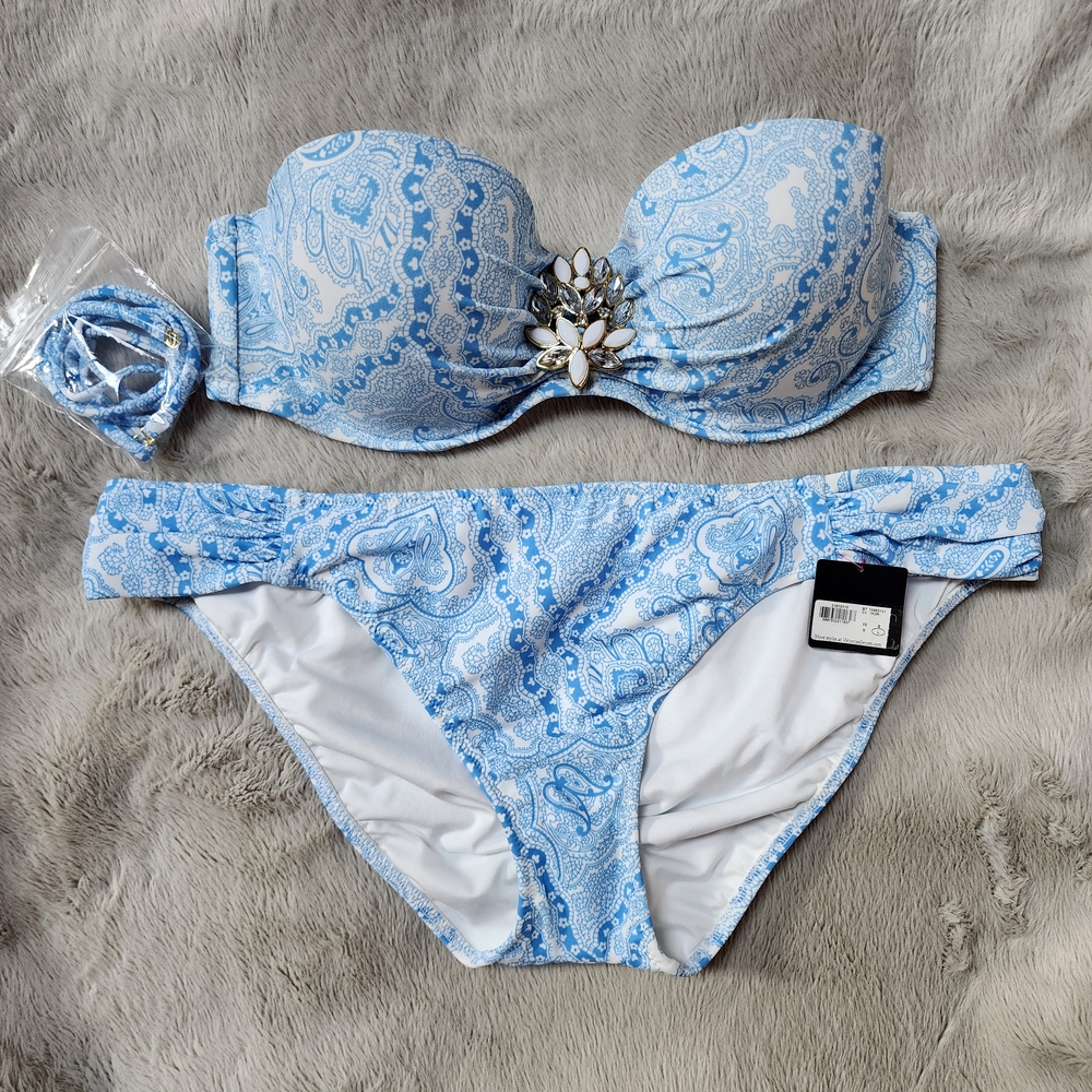 Victoria's Secret Light Blue Paisley Bandeau Bikini with Jewel Accent
